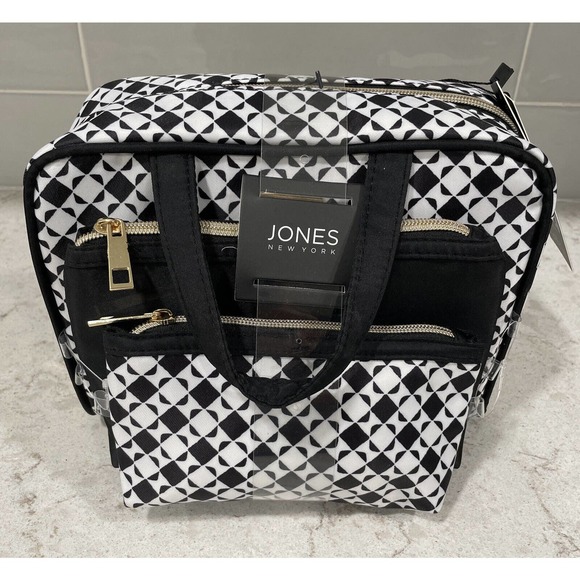 Geometric Print 3Pc Travel Train Handles Bag Case Nylon Cosmetic Makeup JONES NY - Picture 1 of 8